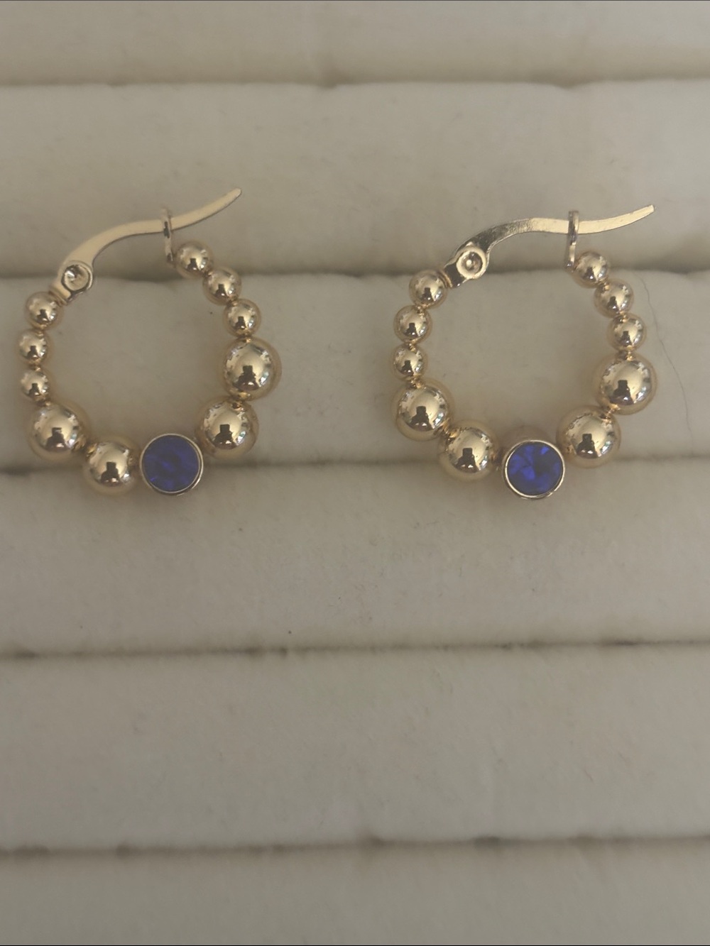 Gold Beaded Hoop Earrings with Blue Stone Accent